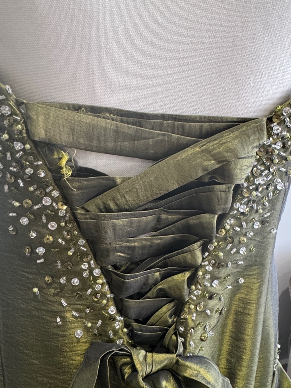 Y2K Olive Green Ball Gown Silver Gem Formal Dress Maggie Sottero - Picture 8 of 10